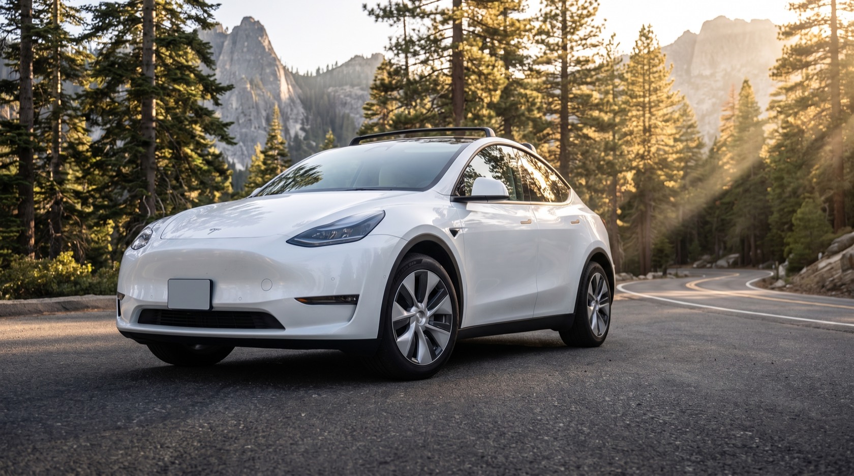 Pearl, a white Tesla Model Y with a roof rack, pulled over on an alpine road among tall pines